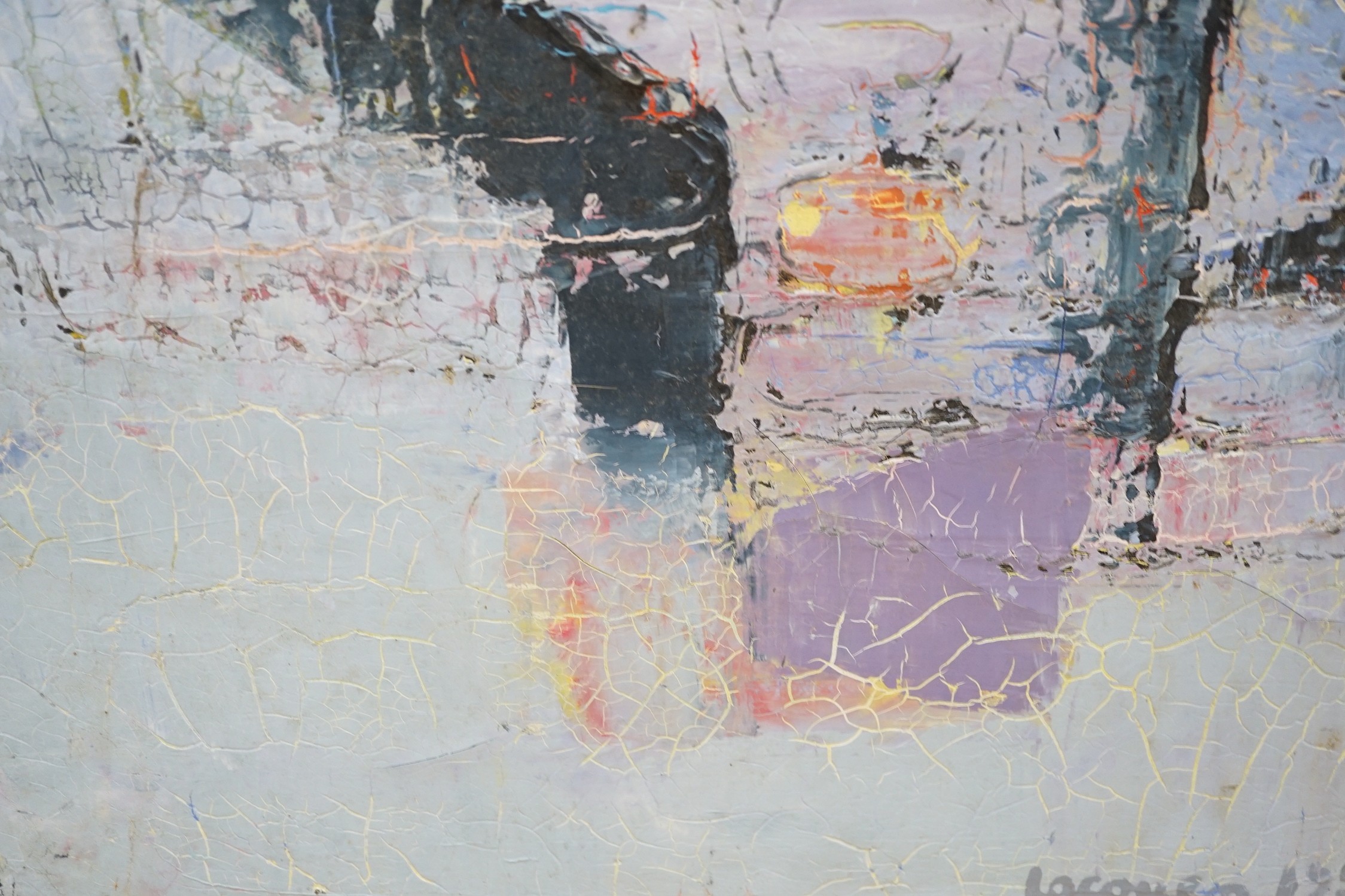 Modern British, oil on canvas, Abstract, signed Locquen and dated 1976, 80 x 40cm, unframed